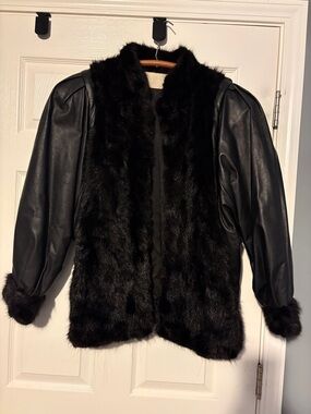 Black Fur Trim Leather Jacket - Women